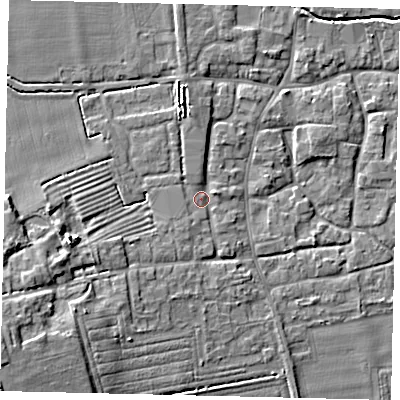 Shaded relief map of the ground around NG340FH, computed from Environment Agency LiDAR. The ground here sits at about 10 m above sea level and falls 14 m across the surrounding 800 m. Surface water reaching this point runs off ground lying to the south-west, 2.1 m higher.