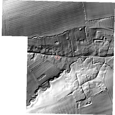 Shaded relief map of the ground around NG340HG, computed from Environment Agency LiDAR. The ground here sits at about 32 m above sea level and falls 25 m across the surrounding 800 m. Surface water reaching this point runs off ground lying to the north-north-west, 19.9 m higher.