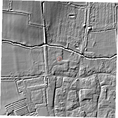 Shaded relief map of the ground around NG340HY, computed from Environment Agency LiDAR. The ground here sits at about 10 m above sea level and falls 10 m across the surrounding 800 m. Surface water reaching this point runs off ground lying to the north-west, 1.4 m higher.