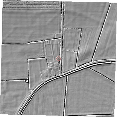 Shaded relief map of the ground around NG340JF, computed from Environment Agency LiDAR. The ground here sits at about 4 m above sea level and falls 5 m across the surrounding 800 m. Surface water reaching this point runs off ground lying to the south-east, 2.5 m higher.