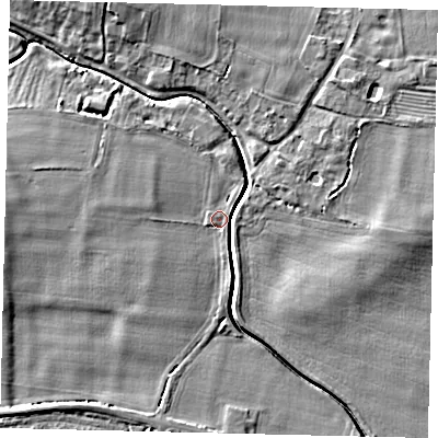 Shaded relief map of the ground around NG340JH, computed from Environment Agency LiDAR. The ground here sits at about 5 m above sea level and falls 7 m across the surrounding 800 m. Surface water reaching this point runs off ground lying to the west, 6.7 m higher.
