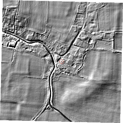 Shaded relief map of the ground around NG340JJ, computed from Environment Agency LiDAR. The ground here sits at about 6 m above sea level and falls 7 m across the surrounding 800 m. Surface water reaching this point runs off ground lying to the north-east, 3.7 m higher.