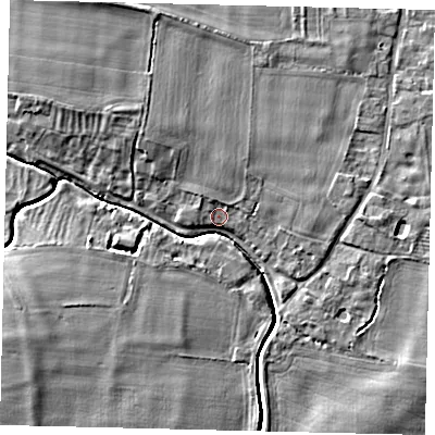Shaded relief map of the ground around NG340JL, computed from Environment Agency LiDAR. The ground here sits at about 6 m above sea level and falls 7 m across the surrounding 800 m. Surface water reaching this point runs off ground lying to the north-north-west, 5.2 m higher.