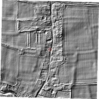 Shaded relief map of the ground around NG340JP, computed from Environment Agency LiDAR. The ground here sits at about 7 m above sea level and falls 6 m across the surrounding 800 m. Surface water reaching this point runs off ground lying to the south, 2.5 m higher.