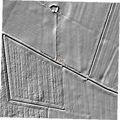 Shaded relief map of the ground around NG340JS, computed from Environment Agency LiDAR. The ground here sits at about 2 m above sea level and falls 5 m across the surrounding 800 m. Surface water reaching this point runs off ground lying to the east-south-east, 2.0 m higher.