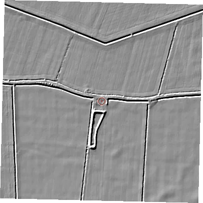 Shaded relief map of the ground around NG340JT, computed from Environment Agency LiDAR. The ground here sits at about 3 m above sea level and falls 5 m across the surrounding 800 m. Surface water reaching this point runs off ground lying to the south-south-west, 2.3 m higher.