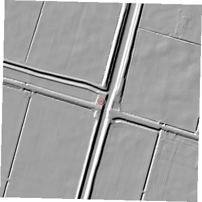 Shaded relief map of the ground around NG340JU, computed from Environment Agency LiDAR. The ground here sits at about 4 m above sea level and falls 7 m across the surrounding 800 m. Surface water reaching this point runs off ground lying to the south, 5.0 m higher.