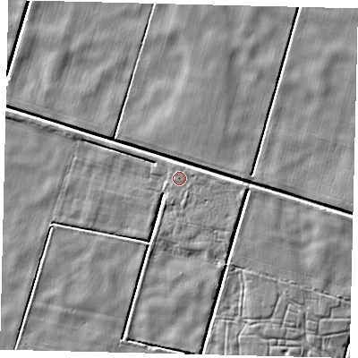 Shaded relief map of the ground around NG340JX, computed from Environment Agency LiDAR. The ground here sits at about 3 m above sea level and falls 3 m across the surrounding 800 m. Surface water reaching this point runs off ground lying to the east-north-east, 0.6 m higher.