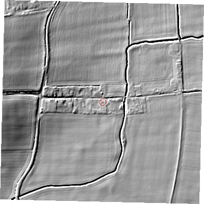 Shaded relief map of the ground around NG340LD, computed from Environment Agency LiDAR. The ground here sits at about 9 m above sea level and falls 15 m across the surrounding 800 m. Surface water reaching this point runs off ground lying to the west-north-west, 11.0 m higher.