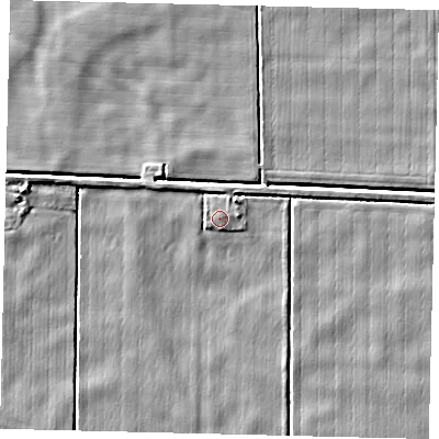 Shaded relief map of the ground around NG340LE, computed from Environment Agency LiDAR. The ground here sits at about 3 m above sea level and falls 4 m across the surrounding 800 m. The ground contributing surface water to this point lies to the north-west.