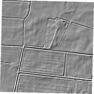 Shaded relief map of the ground around NG340LF, computed from Environment Agency LiDAR. The ground here sits at about 2 m above sea level and falls 3 m across the surrounding 800 m. Surface water reaching this point runs off ground lying to the west, 2.5 m higher.