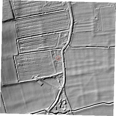 Shaded relief map of the ground around NG340LP, computed from Environment Agency LiDAR. The ground here sits at about 9 m above sea level and falls 11 m across the surrounding 800 m. Surface water reaching this point runs off ground lying to the west, 8.0 m higher.