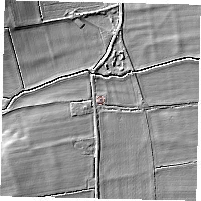 Shaded relief map of the ground around NG340LU, computed from Environment Agency LiDAR. The ground here sits at about 10 m above sea level and falls 11 m across the surrounding 800 m. Surface water reaching this point runs off ground lying to the south-west, 7.0 m higher.