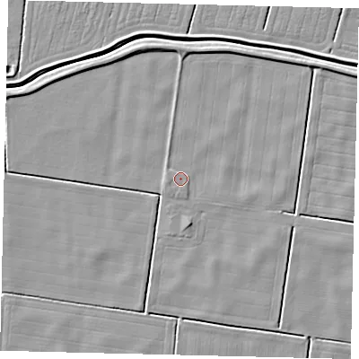 Shaded relief map of the ground around NG340NH, computed from Environment Agency LiDAR. The ground here sits at about 2 m above sea level and falls 4 m across the surrounding 800 m. Surface water reaching this point runs off ground lying to the west-south-west, 0.8 m higher.