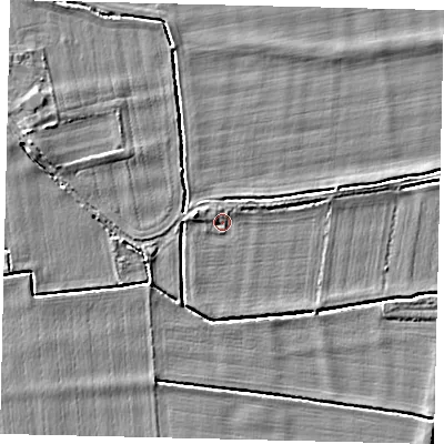 Shaded relief map of the ground around NG340NJ, computed from Environment Agency LiDAR. The ground here sits at about 6 m above sea level and falls 5 m across the surrounding 800 m. Surface water reaching this point runs off ground lying to the west-north-west, 2.0 m higher.