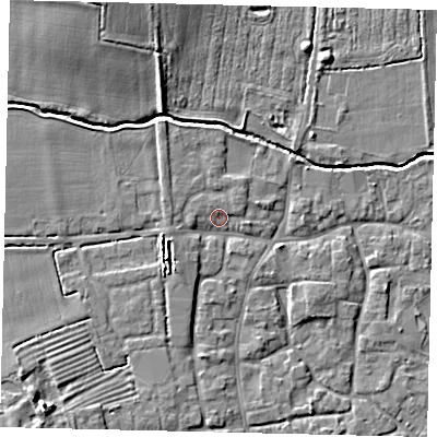 Shaded relief map of the ground around NG340NR, computed from Environment Agency LiDAR. The ground here sits at about 10 m above sea level and falls 9 m across the surrounding 800 m. Surface water reaching this point runs off ground lying to the west-south-west, 4.0 m higher.