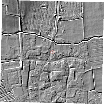Shaded relief map of the ground around NG340NX, computed from Environment Agency LiDAR. The ground here sits at about 9 m above sea level and falls 9 m across the surrounding 800 m. Surface water reaching this point runs off ground lying to the west, 1.6 m higher.