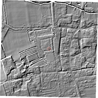 Shaded relief map of the ground around NG340NZ, computed from Environment Agency LiDAR. The ground here sits at about 11 m above sea level and falls 14 m across the surrounding 800 m. Surface water reaching this point runs off ground lying to the north-west, 0.6 m higher.