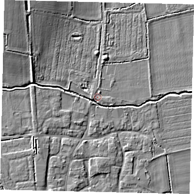 Shaded relief map of the ground around NG340PA, computed from Environment Agency LiDAR. The ground here sits at about 9 m above sea level and falls 11 m across the surrounding 800 m. Surface water reaching this point runs off ground lying to the north-west, 9.4 m higher.
