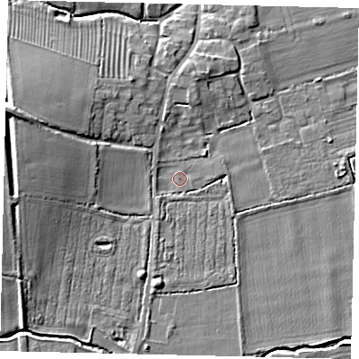 Shaded relief map of the ground around NG340PB, computed from Environment Agency LiDAR. The ground here sits at about 8 m above sea level and falls 12 m across the surrounding 800 m. Surface water reaching this point runs off ground lying to the west-north-west, 10.4 m higher.