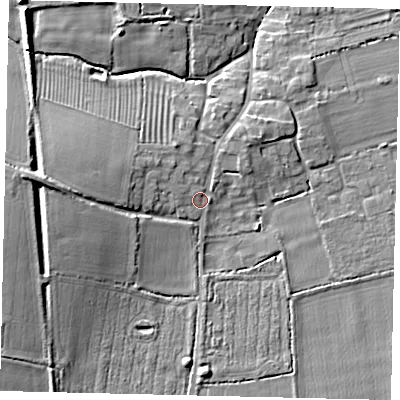 Shaded relief map of the ground around NG340PD, computed from Environment Agency LiDAR. The ground here sits at about 10 m above sea level and falls 12 m across the surrounding 800 m. Surface water reaching this point runs off ground lying to the west-north-west, 4.0 m higher.