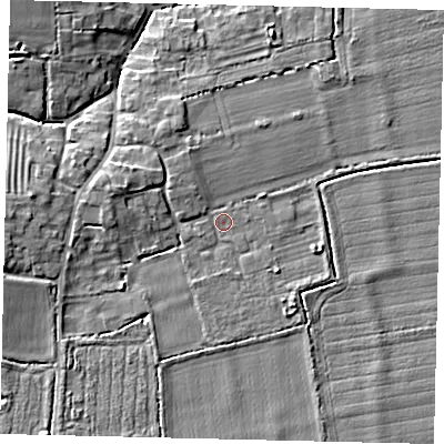 Shaded relief map of the ground around NG340PL, computed from Environment Agency LiDAR. The ground here sits at about 8 m above sea level and falls 7 m across the surrounding 800 m. Surface water reaching this point runs off ground lying to the west, 4.9 m higher.