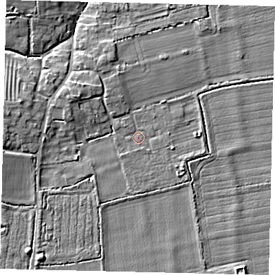 Shaded relief map of the ground around NG340PN, computed from Environment Agency LiDAR. The ground here sits at about 8 m above sea level and falls 7 m across the surrounding 800 m. Surface water reaching this point runs off ground lying to the west, 4.9 m higher.