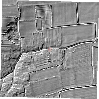 Shaded relief map of the ground around NG340PS, computed from Environment Agency LiDAR. The ground here sits at about 6 m above sea level and falls 9 m across the surrounding 800 m. Surface water reaching this point runs off ground lying to the west-north-west, 8.1 m higher.