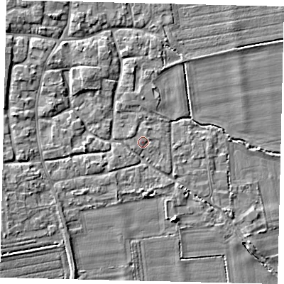 Shaded relief map of the ground around NG340PT, computed from Environment Agency LiDAR. The ground here sits at about 8 m above sea level and falls 5 m across the surrounding 800 m. Surface water reaching this point runs off ground lying to the east-north-east, 0.8 m higher.