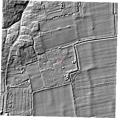 Shaded relief map of the ground around NG340PW, computed from Environment Agency LiDAR. The ground here sits at about 7 m above sea level and falls 7 m across the surrounding 800 m. Surface water reaching this point runs off ground lying to the west-north-west, 4.2 m higher.