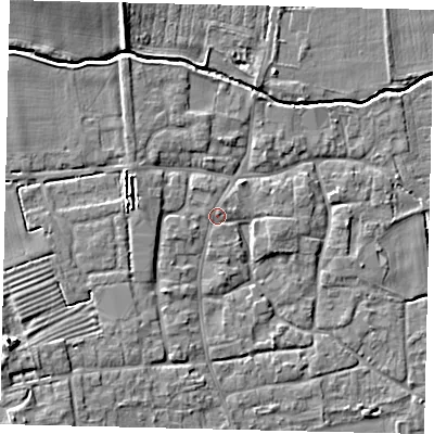 Shaded relief map of the ground around NG340QA, computed from Environment Agency LiDAR. The ground here sits at about 9 m above sea level and falls 9 m across the surrounding 800 m. Surface water reaching this point runs off ground lying to the west-north-west, 4.1 m higher.