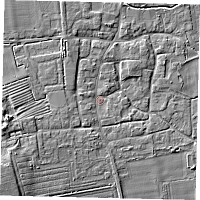 Shaded relief map of the ground around NG340QB, computed from Environment Agency LiDAR. The ground here sits at about 9 m above sea level and falls 11 m across the surrounding 800 m. Surface water reaching this point runs off ground lying to the south-south-west, 2.2 m higher.