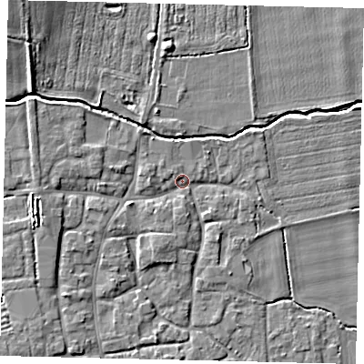 Shaded relief map of the ground around NG340QE, computed from Environment Agency LiDAR. The ground here sits at about 9 m above sea level and falls 8 m across the surrounding 800 m. Surface water reaching this point runs off ground lying to the west, 4.5 m higher.