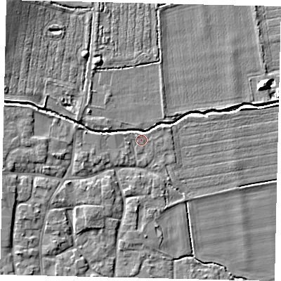 Shaded relief map of the ground around NG340QF, computed from Environment Agency LiDAR. The ground here sits at about 9 m above sea level and falls 8 m across the surrounding 800 m. Surface water reaching this point runs off ground lying to the west-south-west, 1.3 m higher.
