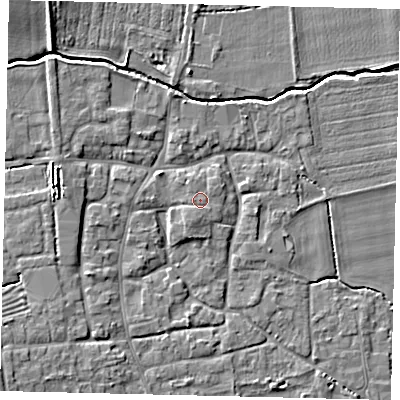 Shaded relief map of the ground around NG340QG, computed from Environment Agency LiDAR. The ground here sits at about 10 m above sea level and falls 7 m across the surrounding 800 m. The ground contributing surface water to this point lies to the west.