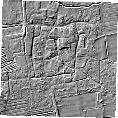 Shaded relief map of the ground around NG340QH, computed from Environment Agency LiDAR. The ground here sits at about 9 m above sea level and falls 8 m across the surrounding 800 m. Surface water reaching this point runs off ground lying to the north-west, 4.7 m higher.