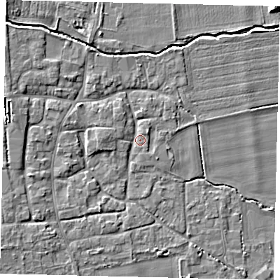 Shaded relief map of the ground around NG340QJ, computed from Environment Agency LiDAR. The ground here sits at about 9 m above sea level and falls 7 m across the surrounding 800 m. Surface water reaching this point runs off ground lying to the west-north-west, 4.6 m higher.