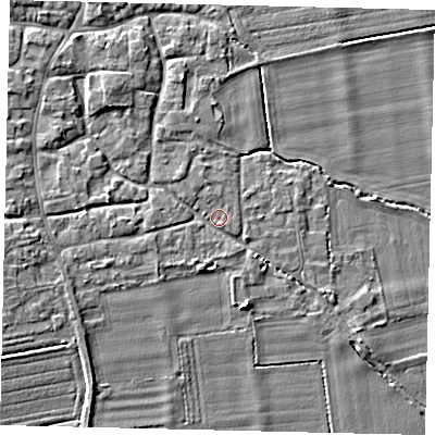 Shaded relief map of the ground around NG340QN, computed from Environment Agency LiDAR. The ground here sits at about 8 m above sea level and falls 5 m across the surrounding 800 m. Surface water reaching this point runs off ground lying to the west, 3.3 m higher.