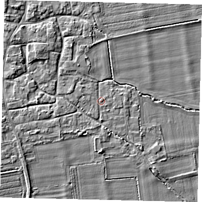 Shaded relief map of the ground around NG340QP, computed from Environment Agency LiDAR. The ground here sits at about 8 m above sea level and falls 4 m across the surrounding 800 m. The ground contributing surface water to this point lies to the east-north-east.