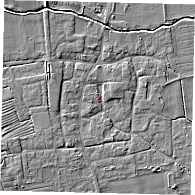 Shaded relief map of the ground around NG340QQ, computed from Environment Agency LiDAR. The ground here sits at about 9 m above sea level and falls 9 m across the surrounding 800 m. Surface water reaching this point runs off ground lying to the west-north-west, 4.7 m higher.