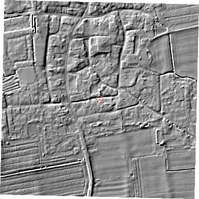 Shaded relief map of the ground around NG340QR, computed from Environment Agency LiDAR. The ground here sits at about 9 m above sea level and falls 7 m across the surrounding 800 m. Surface water reaching this point runs off ground lying to the west-south-west, 5.2 m higher.