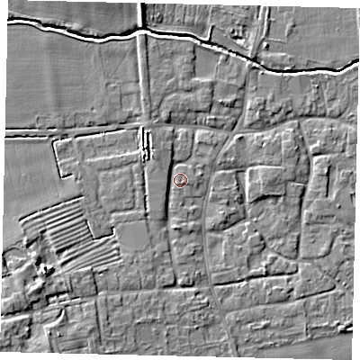 Shaded relief map of the ground around NG340QU, computed from Environment Agency LiDAR. The ground here sits at about 10 m above sea level and falls 11 m across the surrounding 800 m. Surface water reaching this point runs off ground lying to the north-west, 3.6 m higher.