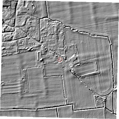 Shaded relief map of the ground around NG340QW, computed from Environment Agency LiDAR. The ground here sits at about 7 m above sea level and falls 6 m across the surrounding 800 m. Surface water reaching this point runs off ground lying to the north-north-west, 1.6 m higher.