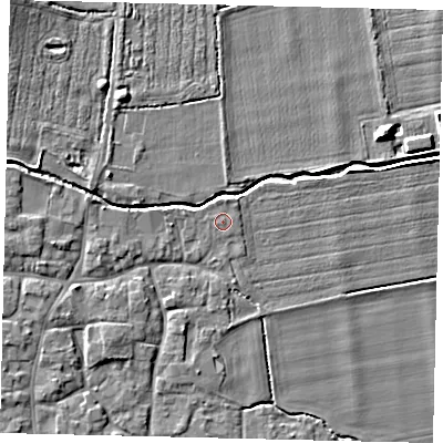 Shaded relief map of the ground around NG340QX, computed from Environment Agency LiDAR. The ground here sits at about 9 m above sea level and falls 7 m across the surrounding 800 m. Surface water reaching this point runs off ground lying to the north-north-east, 0.6 m higher.