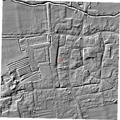 Shaded relief map of the ground around NG340QZ, computed from Environment Agency LiDAR. The ground here sits at about 10 m above sea level and falls 12 m across the surrounding 800 m. Surface water reaching this point runs off ground lying to the north-north-west, 3.6 m higher.