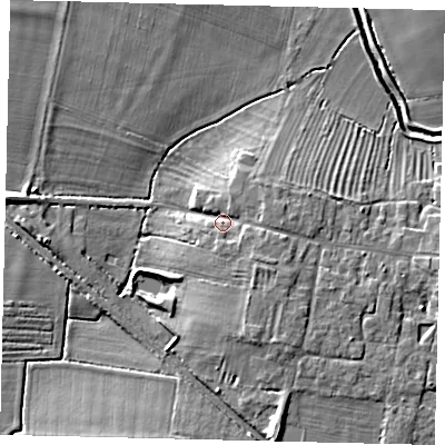 Shaded relief map of the ground around NG340RB, computed from Environment Agency LiDAR. The ground here sits at about 8 m above sea level and falls 10 m across the surrounding 800 m. Surface water reaching this point runs off ground lying to the east-south-east, 3.0 m higher.