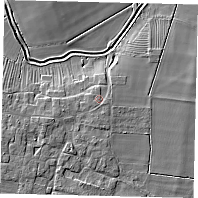 Shaded relief map of the ground around NG340RL, computed from Environment Agency LiDAR. The ground here sits at about 8 m above sea level and falls 8 m across the surrounding 800 m. Surface water reaching this point runs off ground lying to the south-south-east, 1.3 m higher.