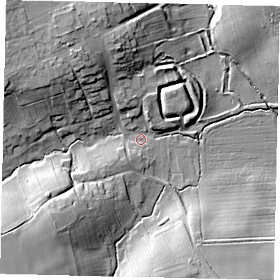Shaded relief map of the ground around NG340SG, computed from Environment Agency LiDAR. The ground here sits at about 27 m above sea level and falls 22 m across the surrounding 800 m. Surface water reaching this point runs off ground lying to the south-west, 16.9 m higher.