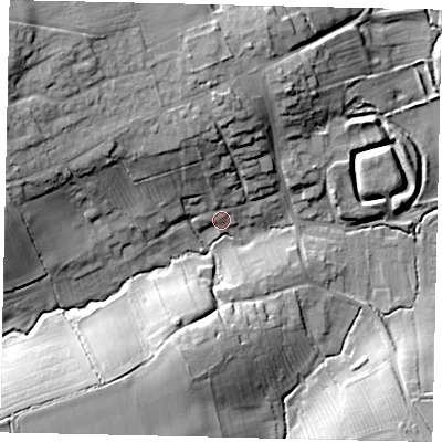 Shaded relief map of the ground around NG340SJ, computed from Environment Agency LiDAR. The ground here sits at about 30 m above sea level and falls 24 m across the surrounding 800 m. Surface water reaching this point runs off ground lying to the north-north-west, 5.2 m higher.