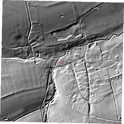 Shaded relief map of the ground around NG340TD, computed from Environment Agency LiDAR. The ground here sits at about 54 m above sea level and falls 22 m across the surrounding 800 m. Surface water reaching this point runs off ground lying to the east-north-east, 0.6 m higher.